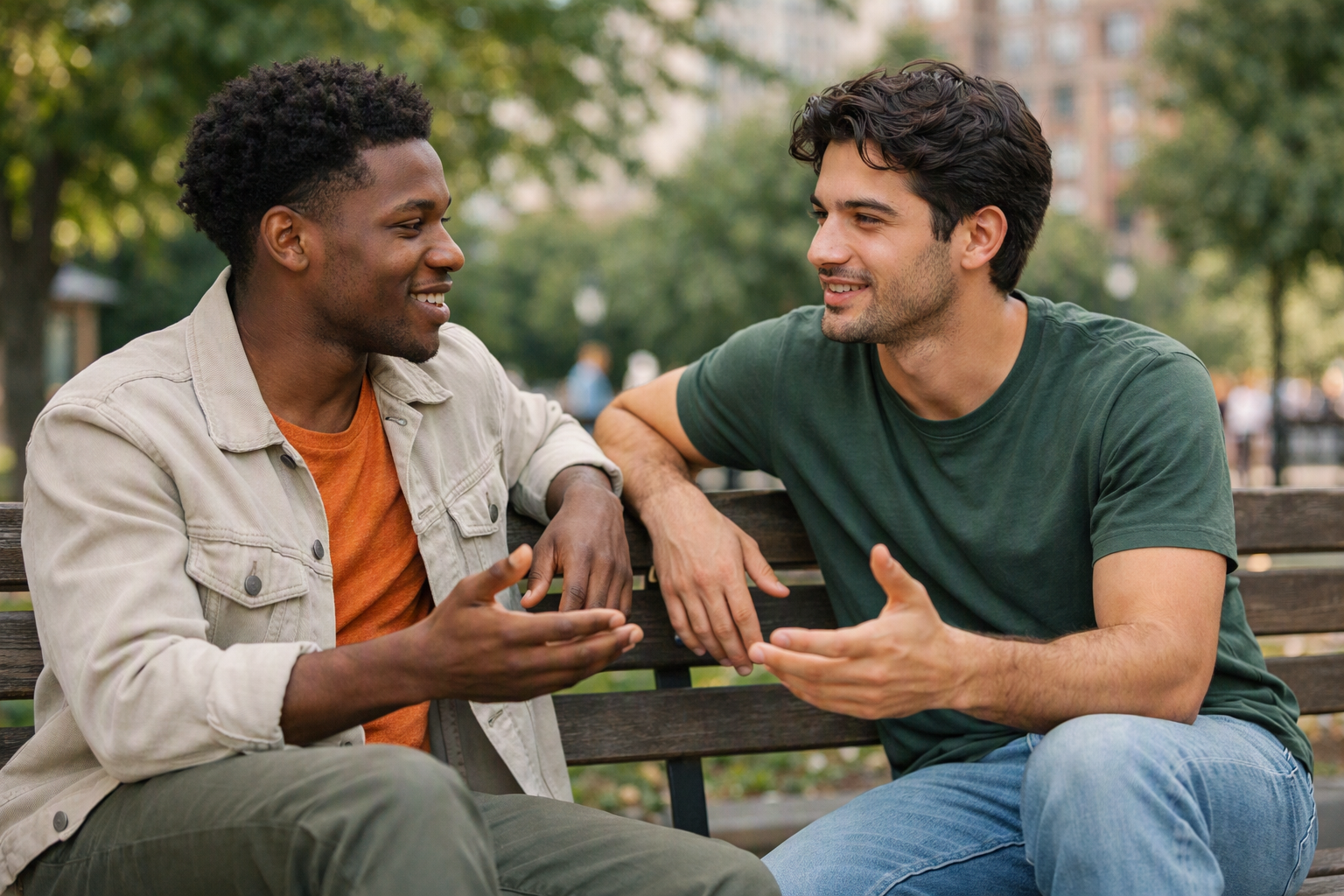 Dois homens jovens conversando em banco de parque com linguagem corporal aberta