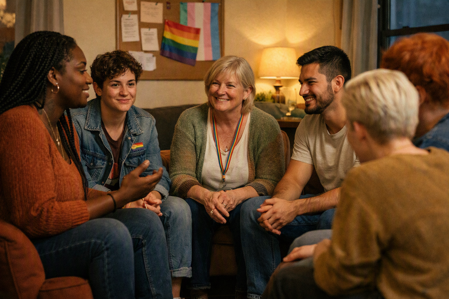 Grupo diverso LGBTQ+ em roda de conversa em espaço acolhedor