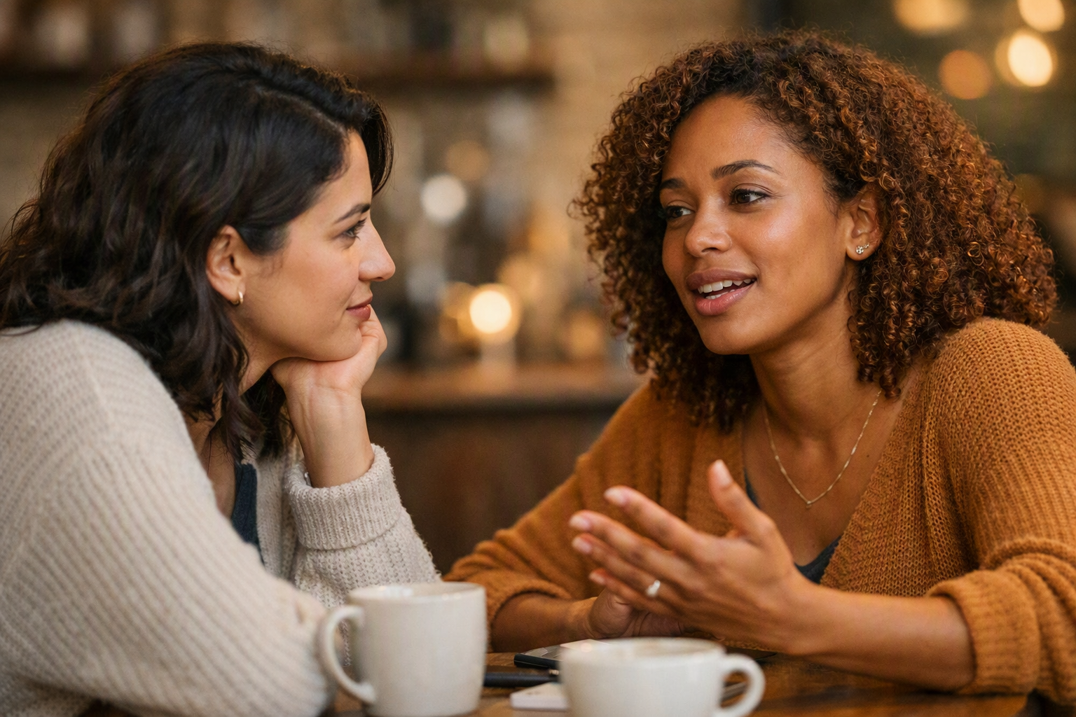 Duas pessoas conversando em ambiente acolhedor com expressões de apoio e escuta