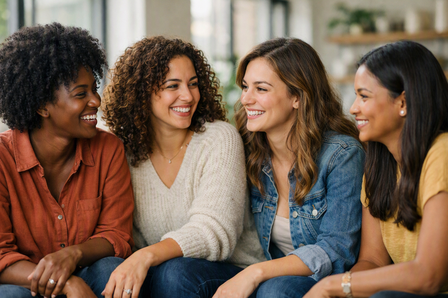 Grupo diverso de pessoas conversando em ambiente acolhedor com luz natural