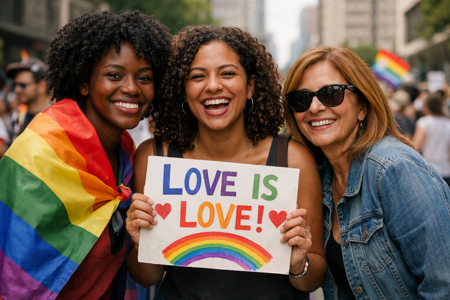 Pessoas de diferentes idades participando de marcha do orgulho com bandeiras