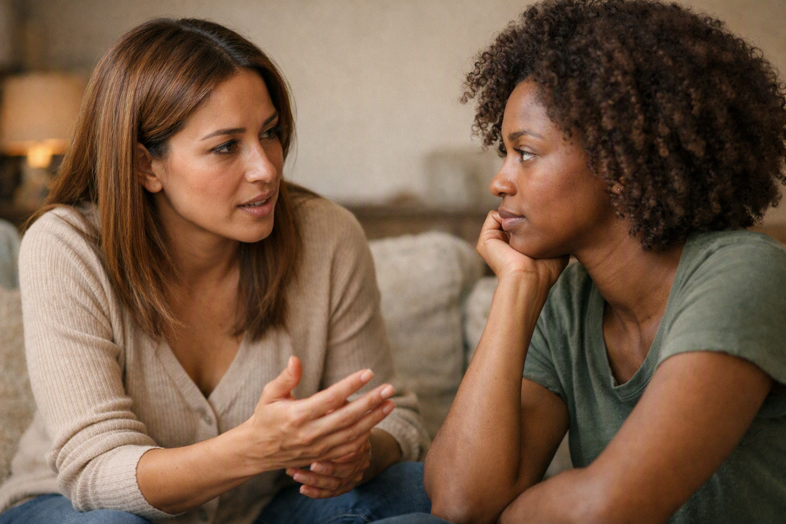 Casal LGBTQ+ em conversa séria sobre limites emocionais em ambiente doméstico