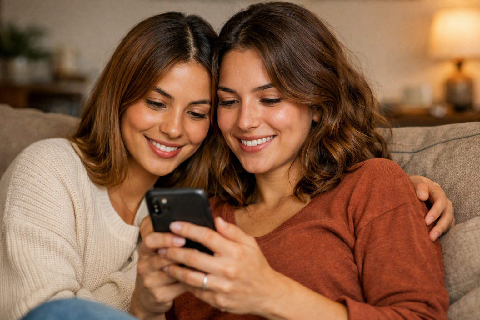 Duas pessoas usando smartphone em ambiente casual com expressões de conexão genuína