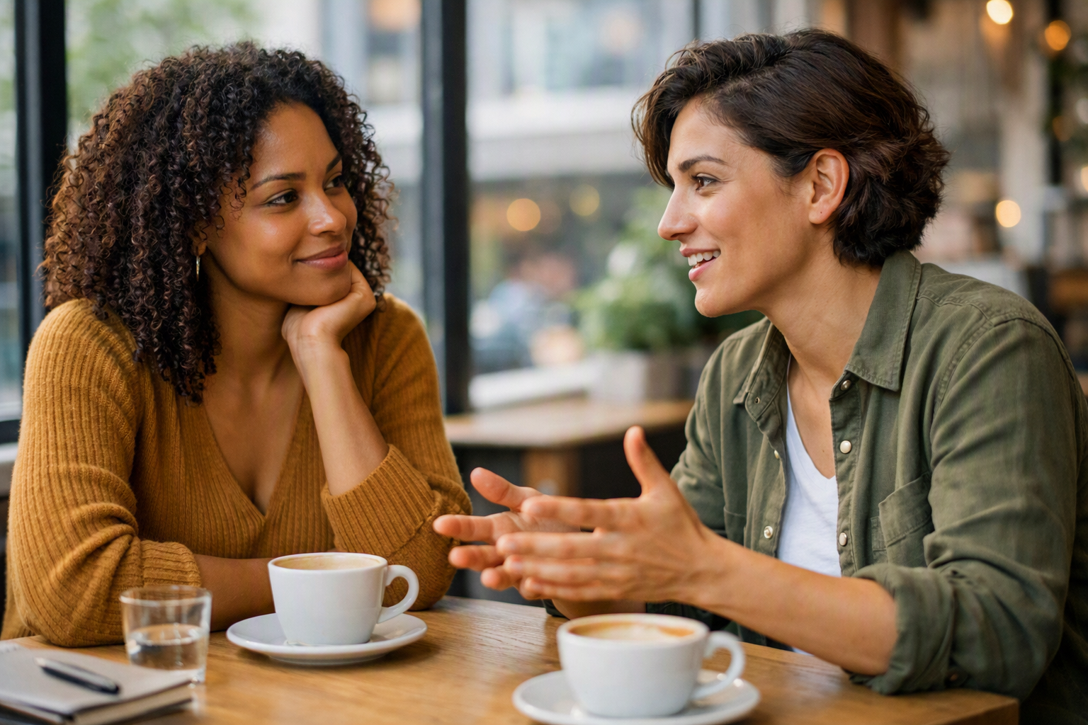 Duas pessoas conversando em café com expressões de escuta ativa e respeito mútuo
