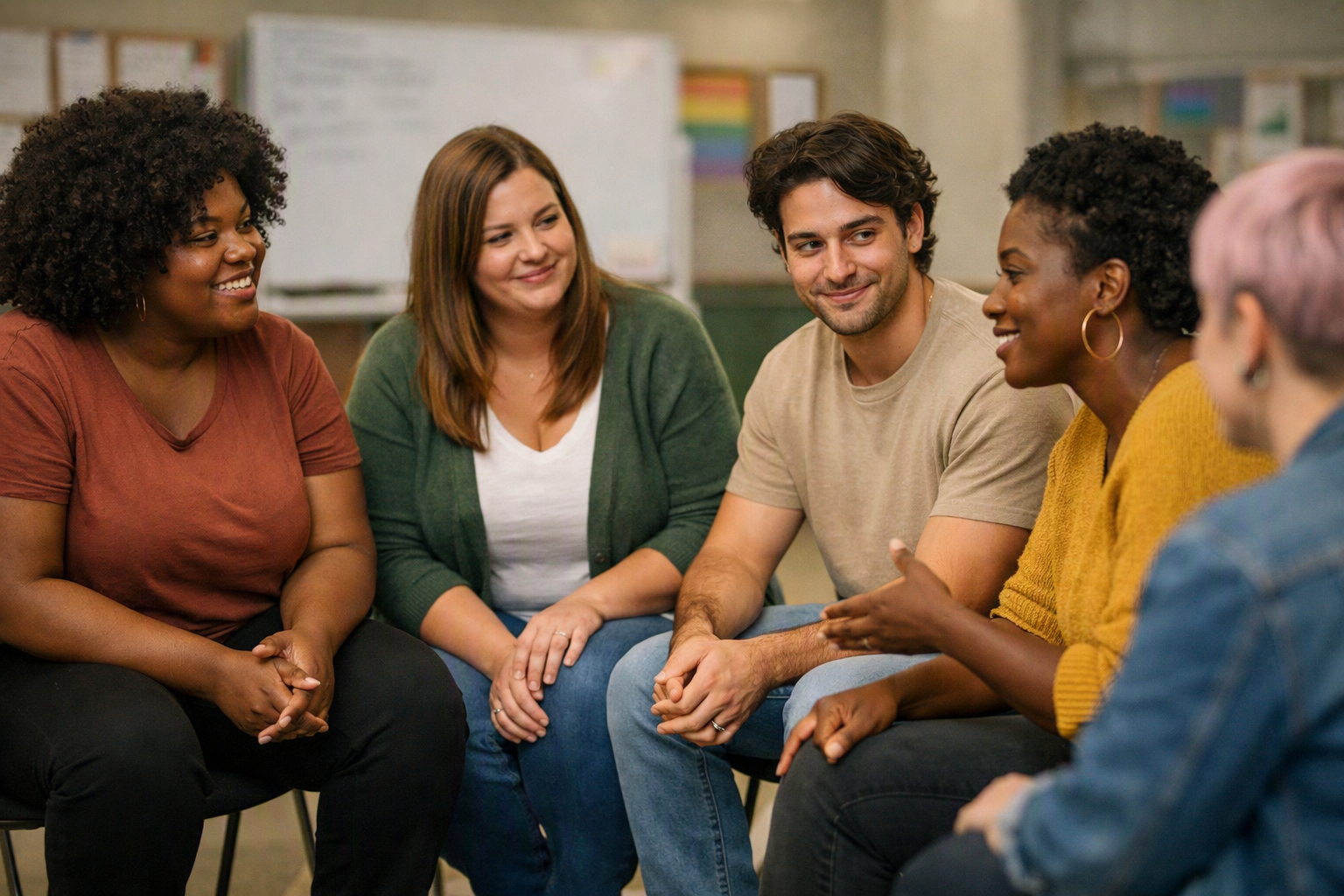 Grupo diverso de pessoas LGBTQI+ com diferentes tipos corporais em roda de apoio emocional