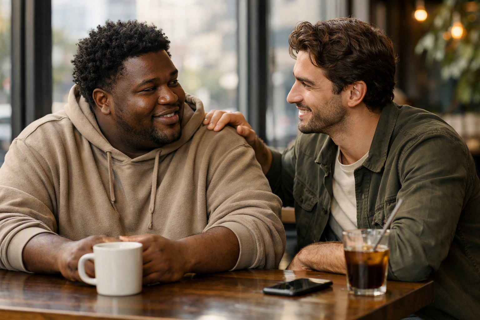 Dois homens gays com corpos diversos conversando em café urbano com expressão de apoio mútuo