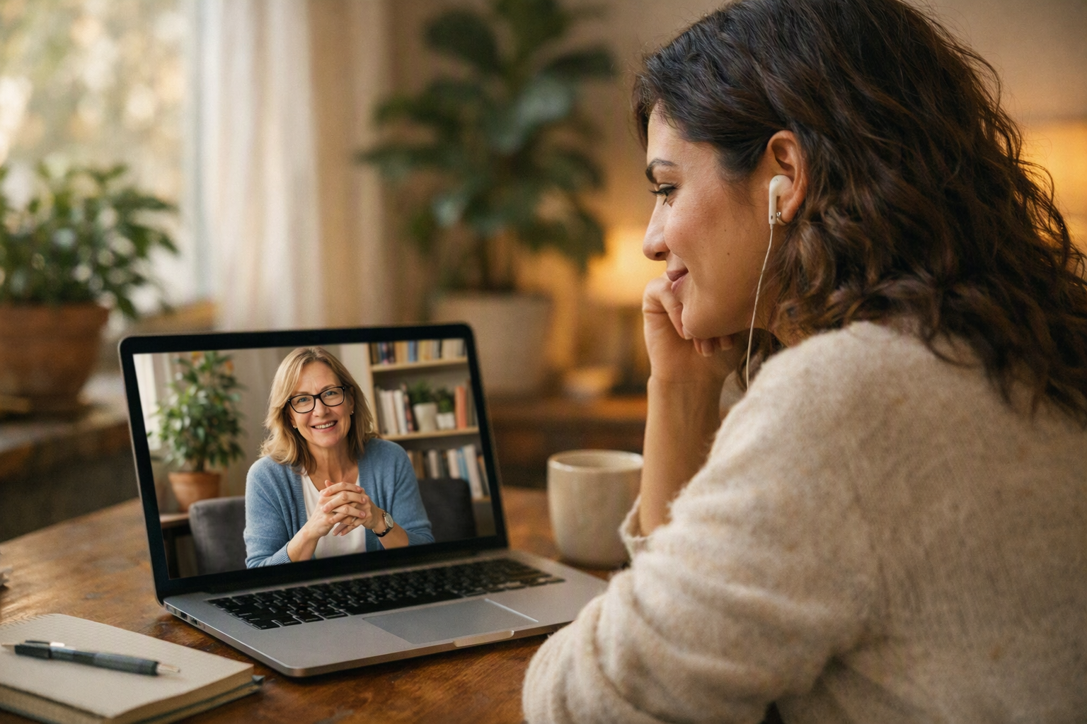 Pessoa em sessão de terapia virtual com terapeuta em ambiente acolhedor e natural