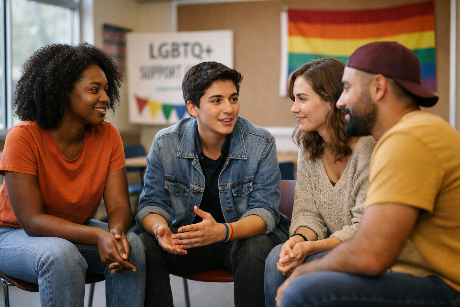 Grupo de apoio de pessoas LGBTQIA+ em roda de conversa em espaço comunitário iluminado naturalmente
