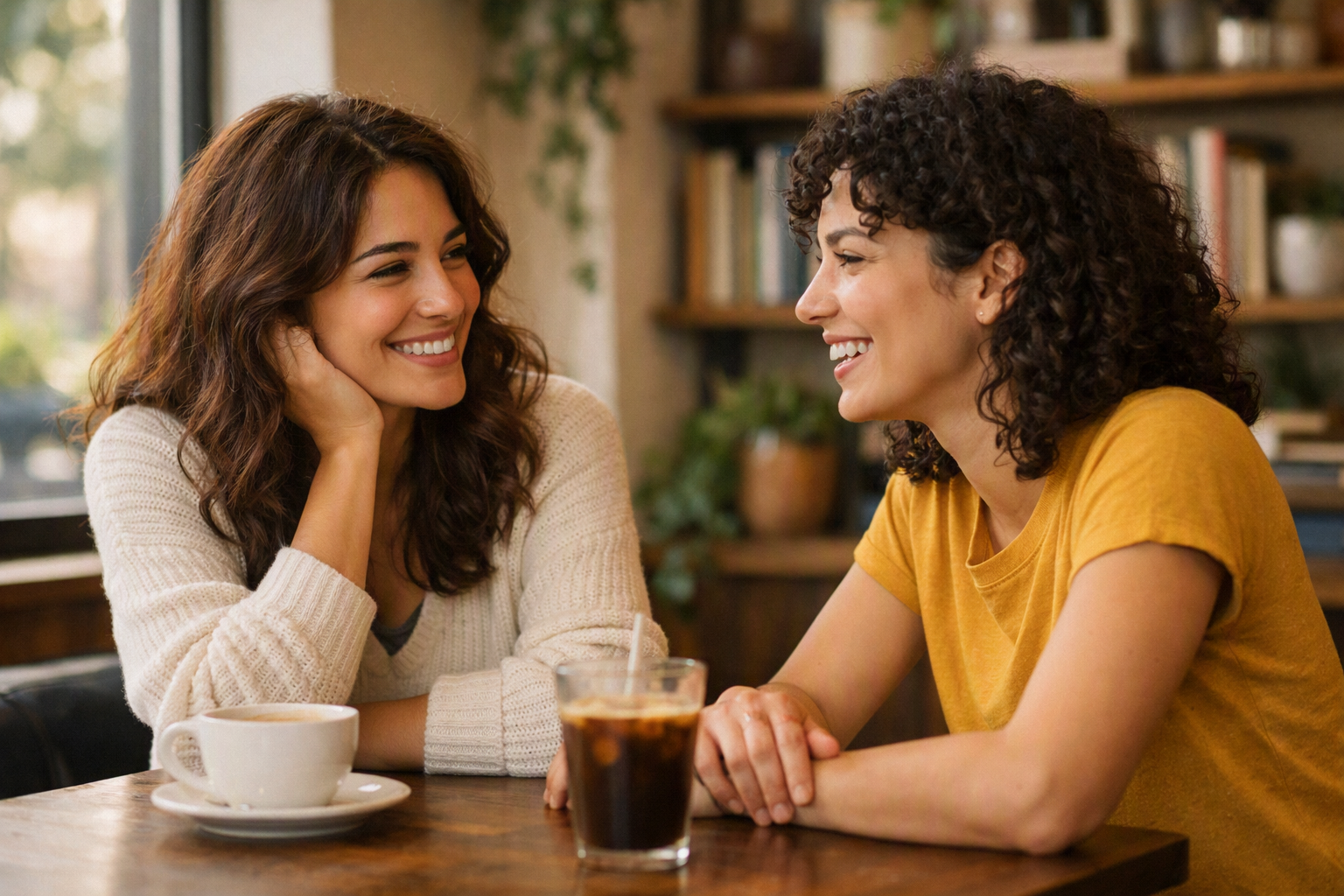 Duas pessoas LGBTQ+ conversando animadamente em café com luz natural e decoração acolhedora