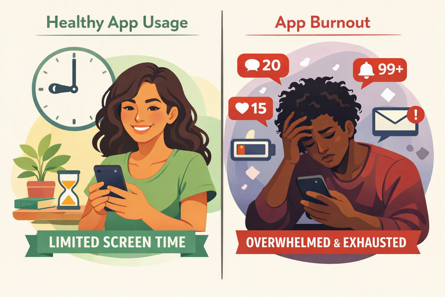 Infográfico visual mostrando diferença entre uso saudável e burnout de aplicativos com ícones