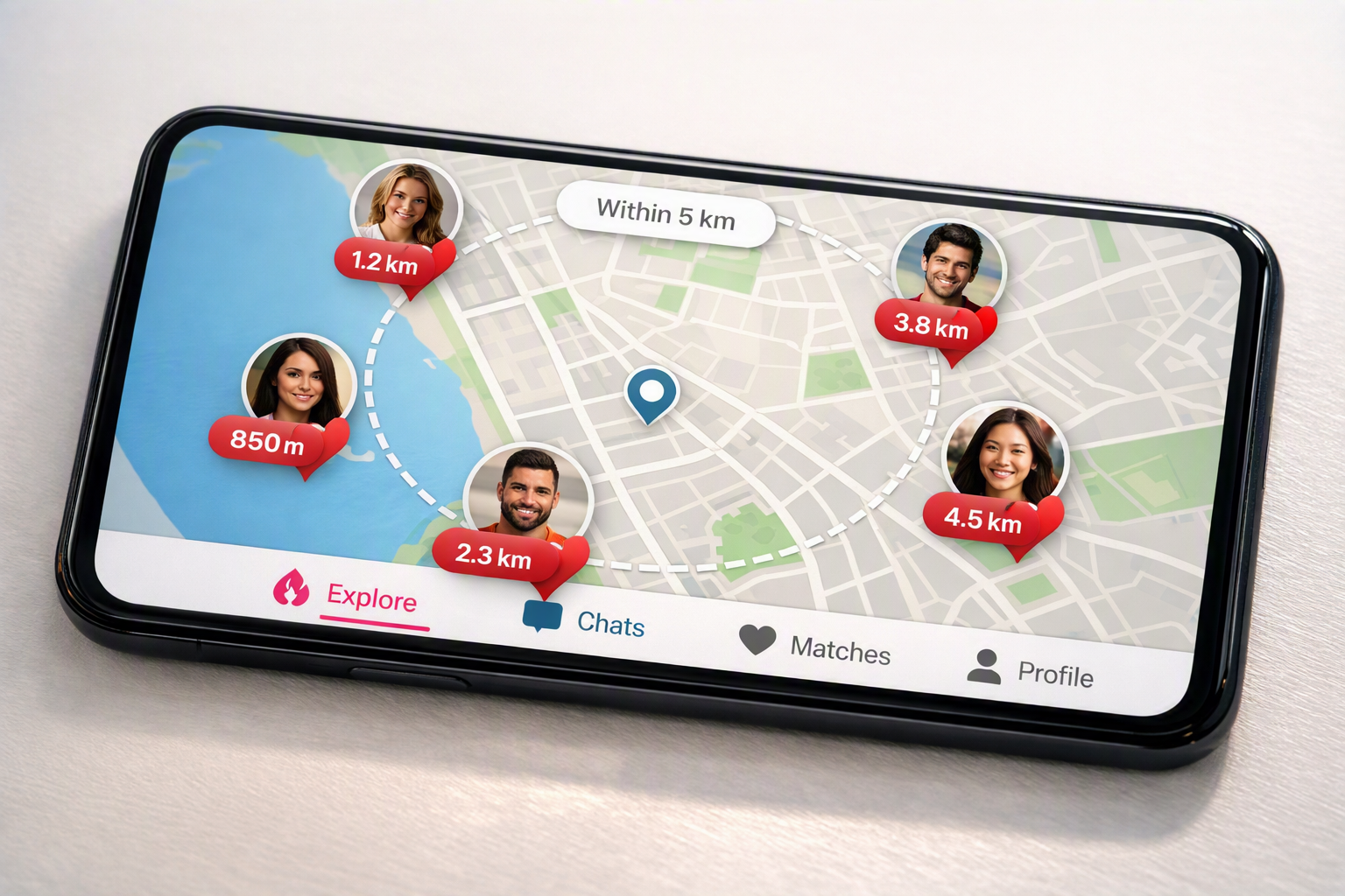 Interface de app de relacionamento mostrando mapa com pins de usuários próximos e raio de 5 km