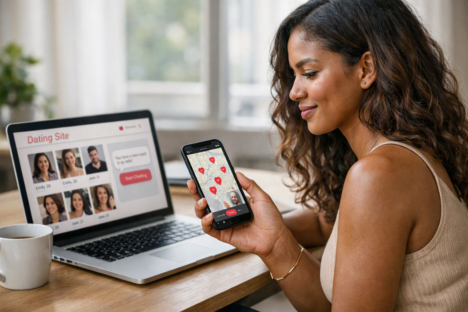 Pessoa comparando site e app de relacionamento em laptop e smartphone simultaneamente