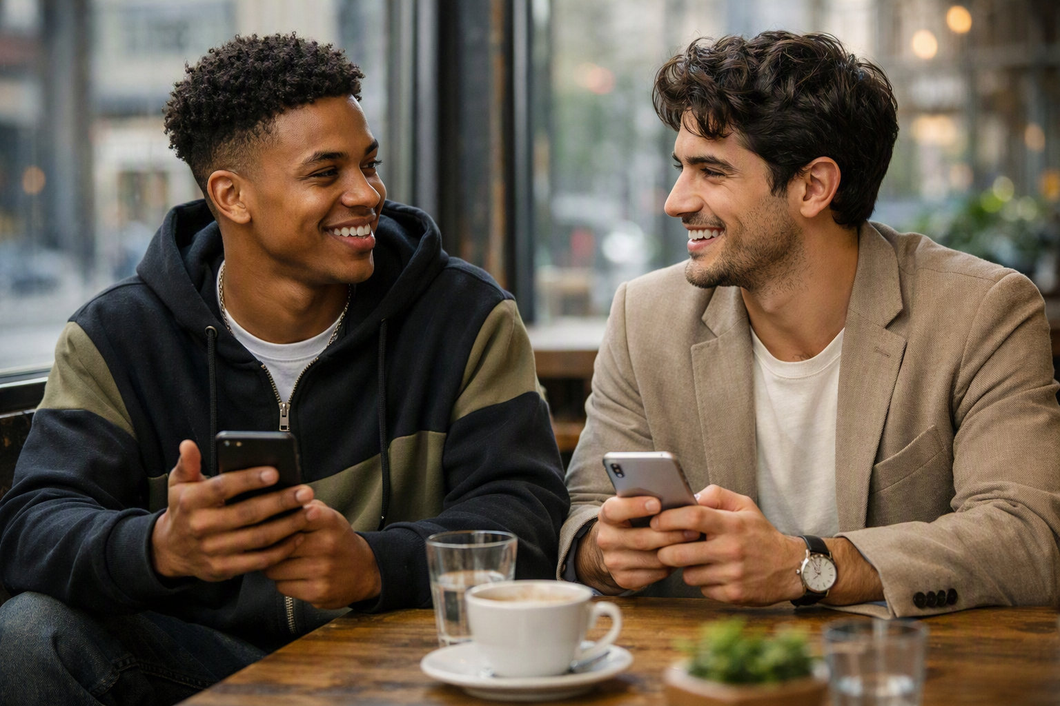 Dois homens jovens conversando em café urbano enquanto usam smartphones