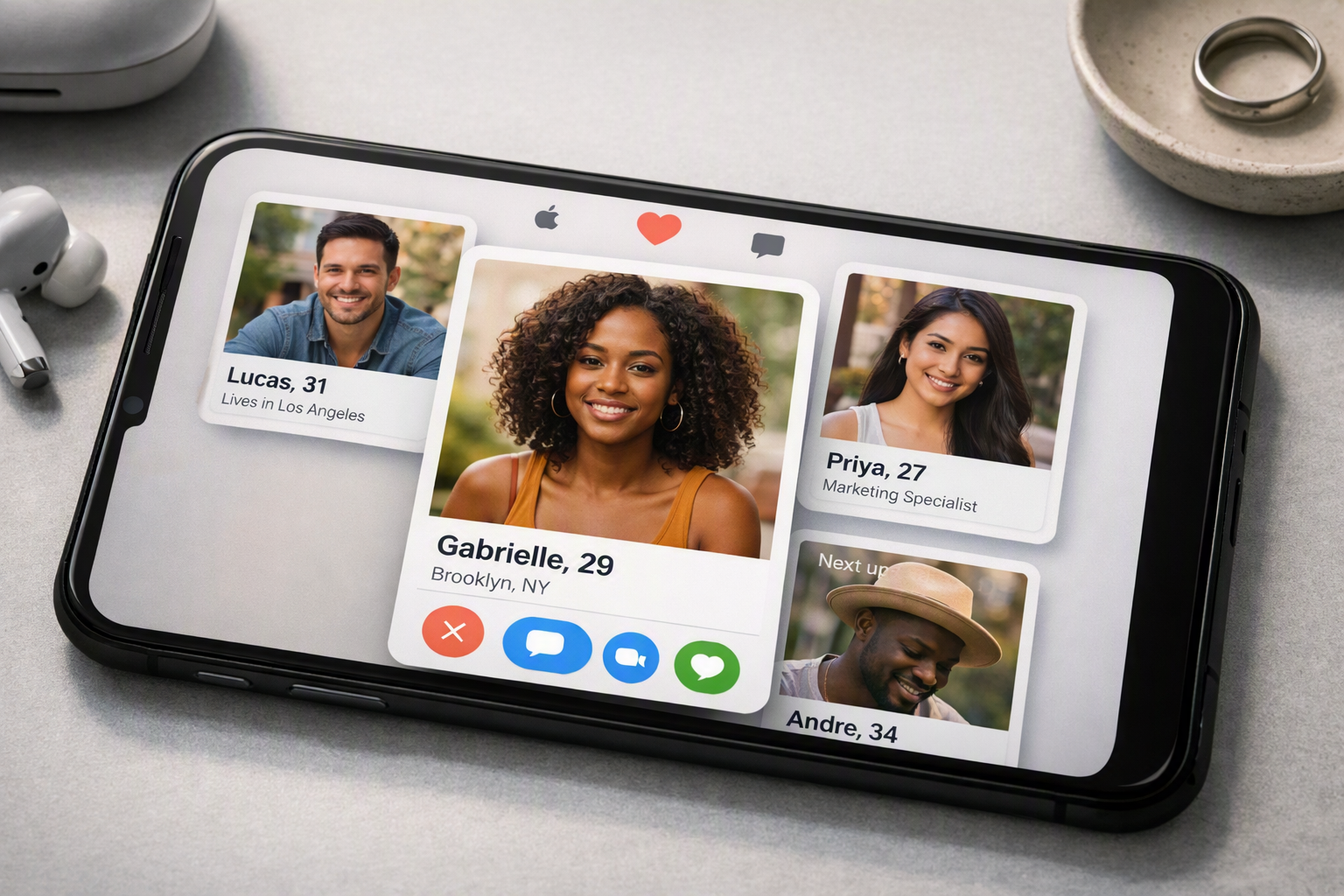 Interface de aplicativo de relacionamento em smartphone mostrando perfis diversos