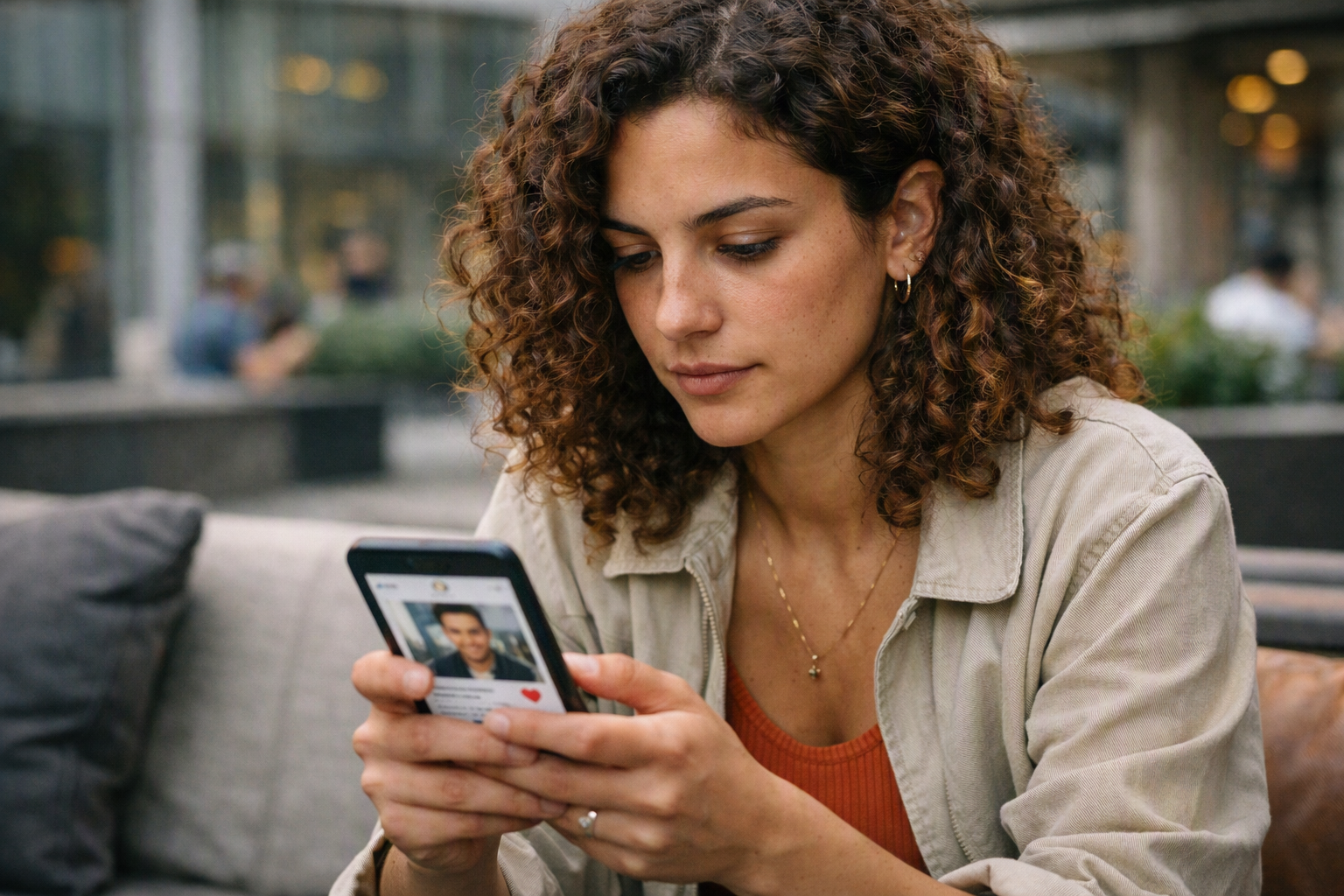 Pessoa analisando perfis em app de relacionamento em ambiente casual urbano