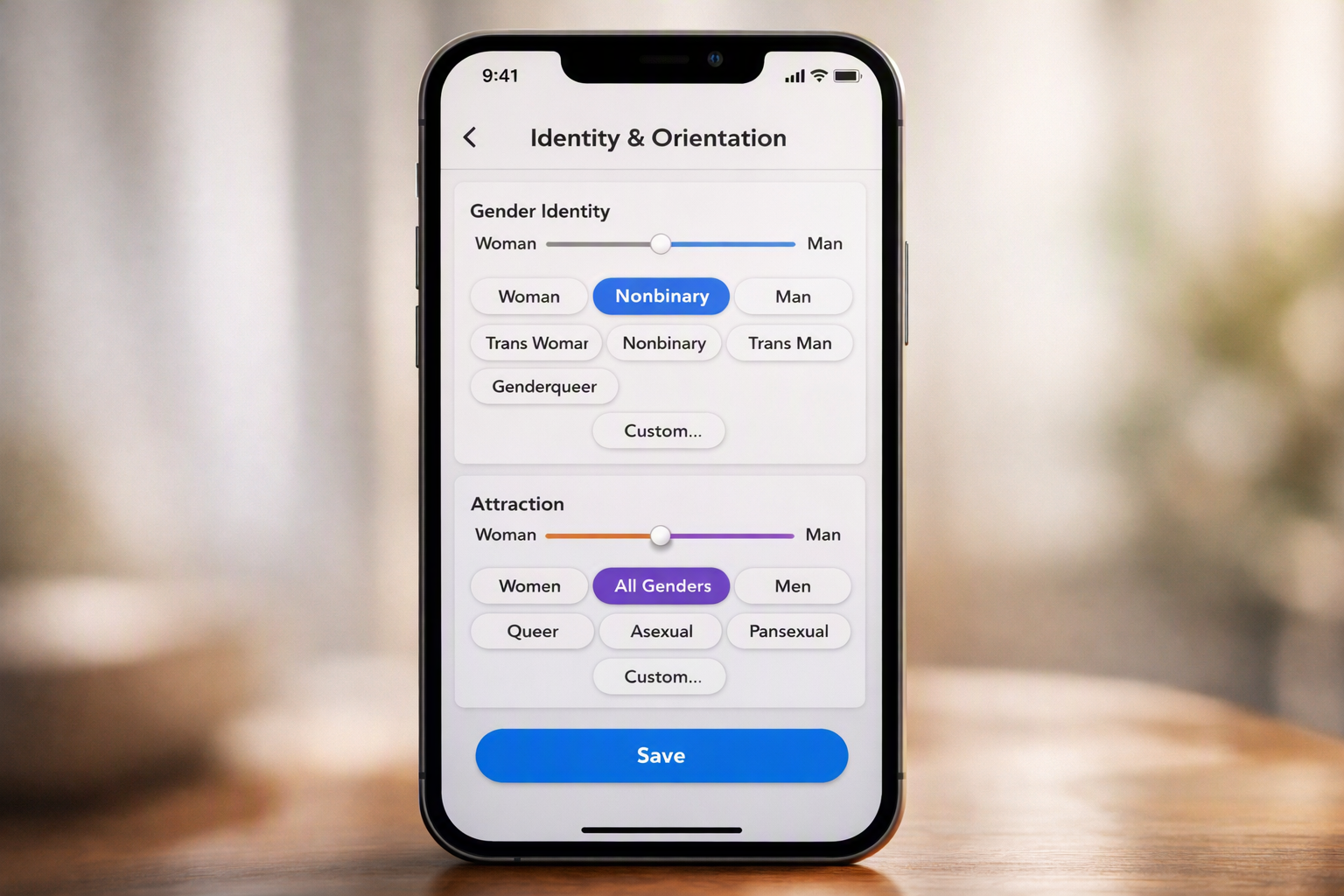 Interface de app mostrando filtros avançados de identidade e orientação com múltiplas opções