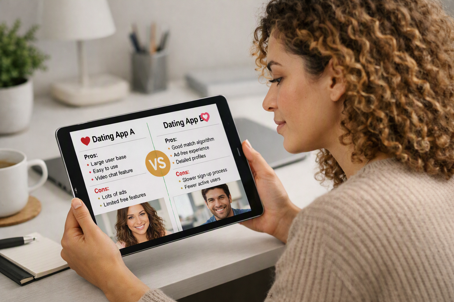 Pessoa analisando comparação lado a lado de apps de namoro em tablet