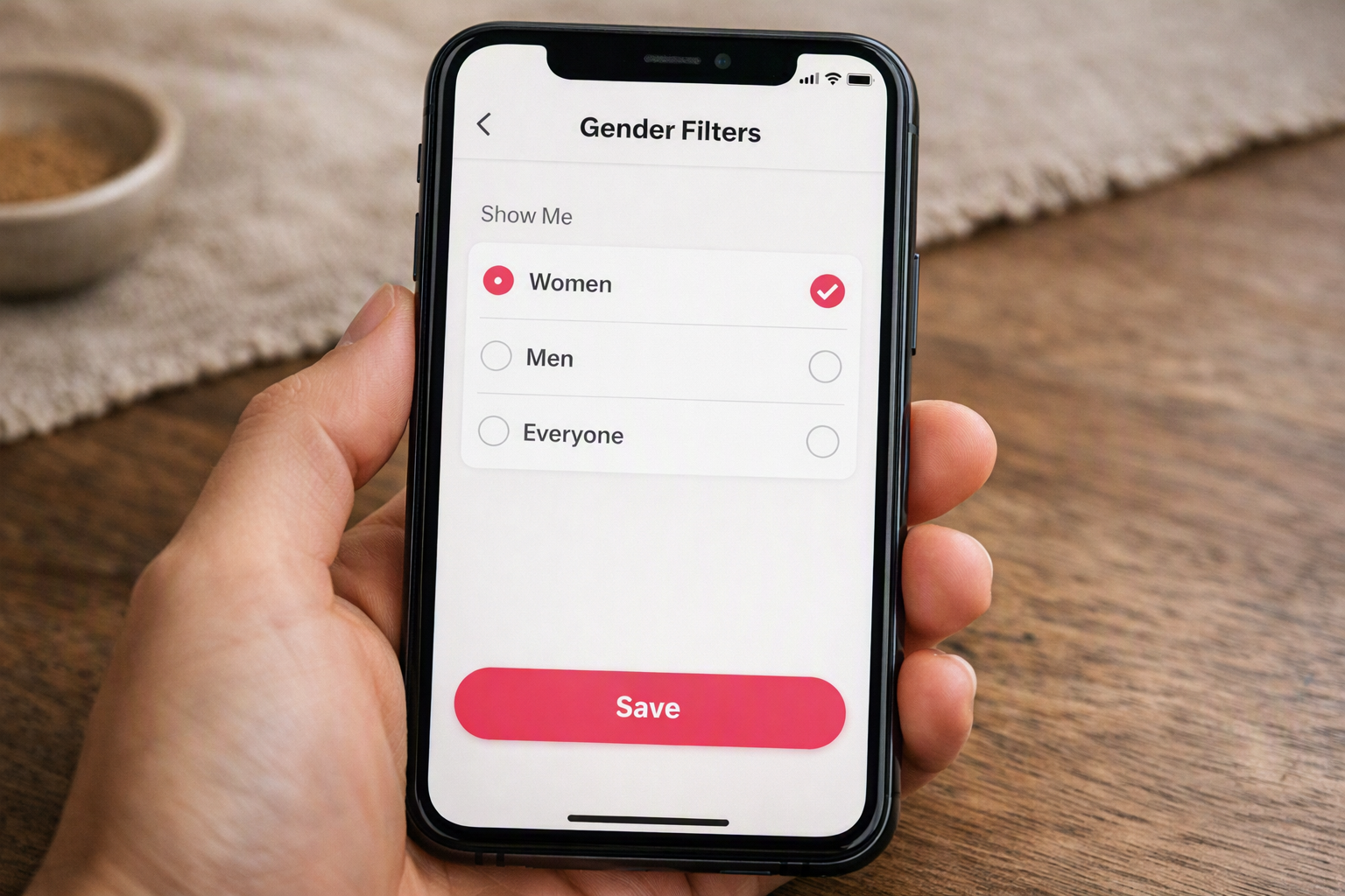 Interface de app de namoro mostrando filtros básicos limitados e opções binárias