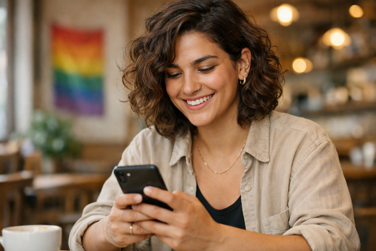 Pessoa não-binária satisfeita usando app de namoro LGBTQI+ em café acolhedor