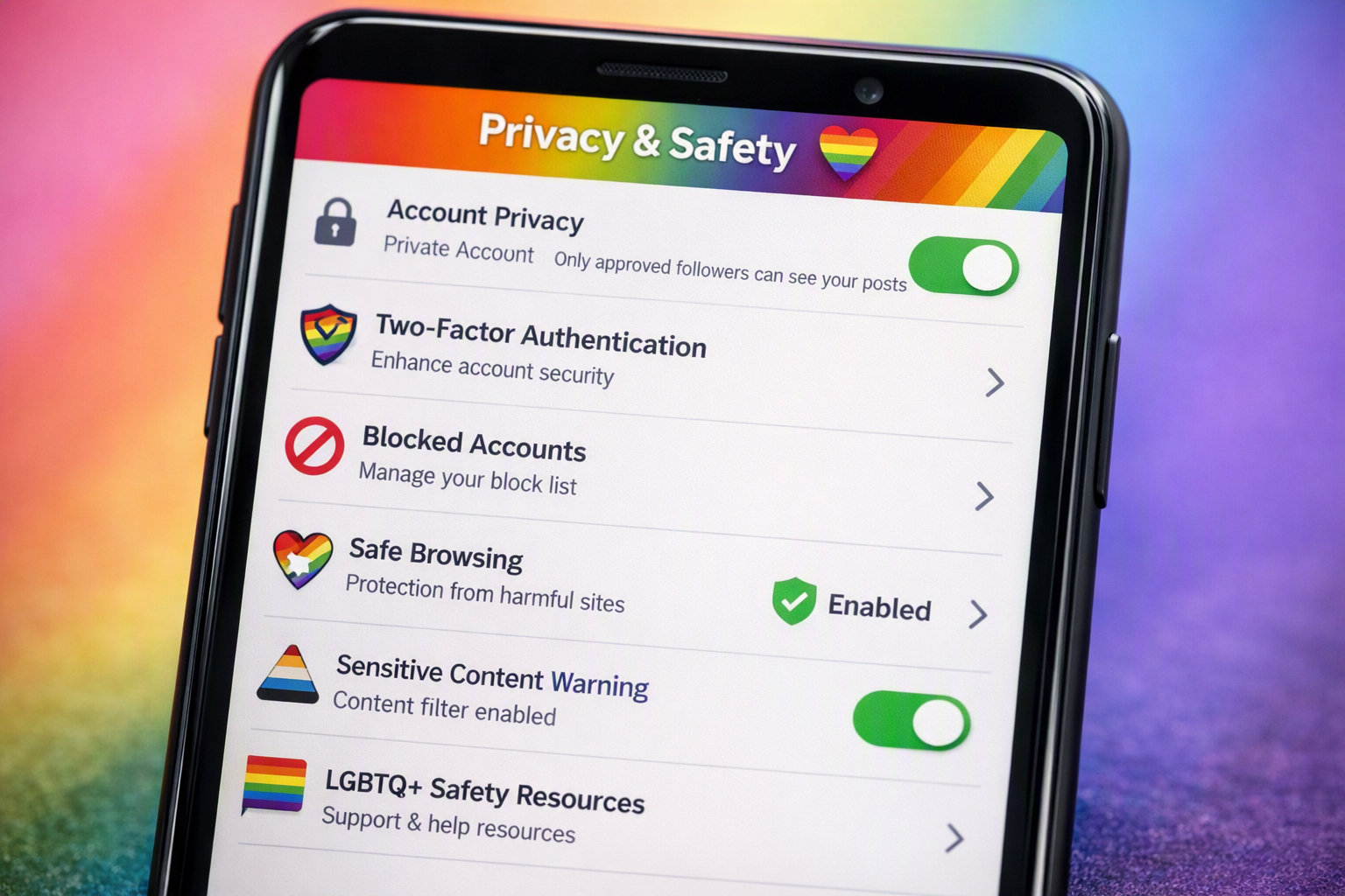 Interface de smartphone mostrando recursos de segurança LGBTQI+ em aplicativo de relacionamento
