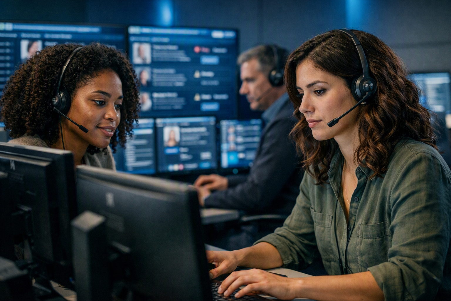 Equipe diversa de moderadores analisando perfis em monitores de computador em central de segurança