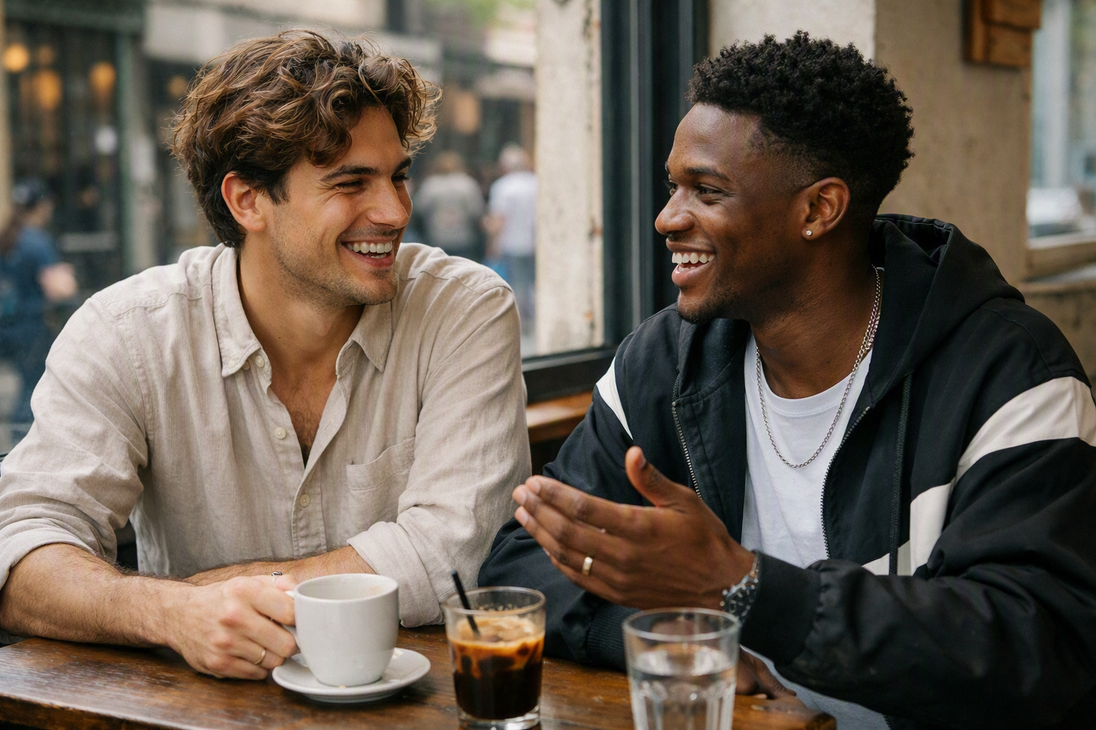 Dois homens se conhecendo pessoalmente em café após match em aplicativo LGBT seguro