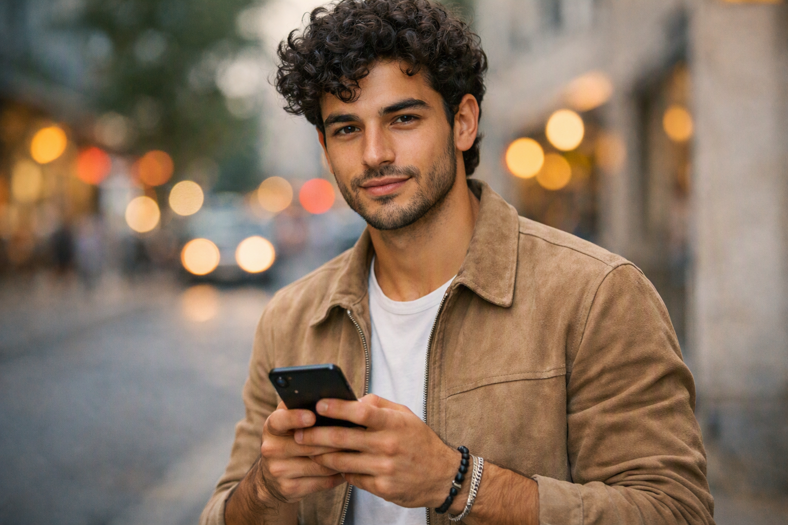 Homem jovem em ambiente urbano usando smartphone com expressão confiante