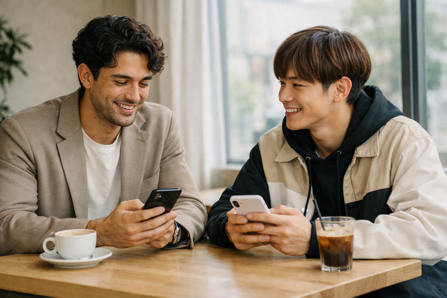 Dois homens em café moderno olhando smartphones e conversando de forma descontraída