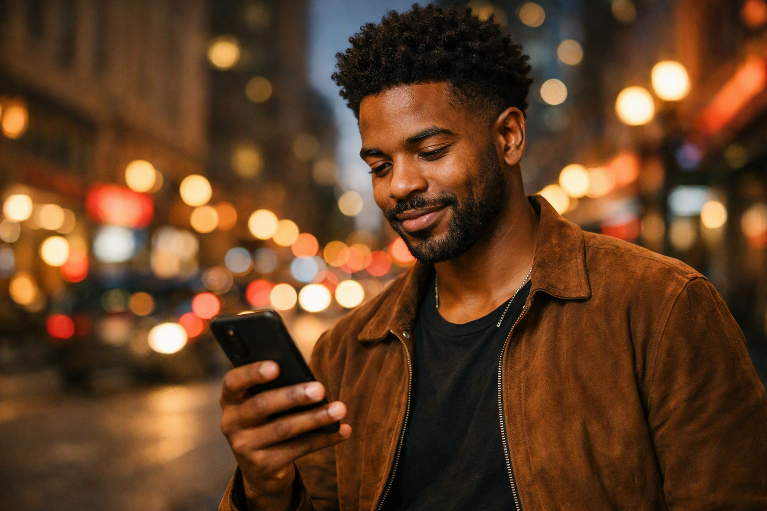 Homem usando smartphone em ambiente urbano noturno com luzes da cidade ao fundo