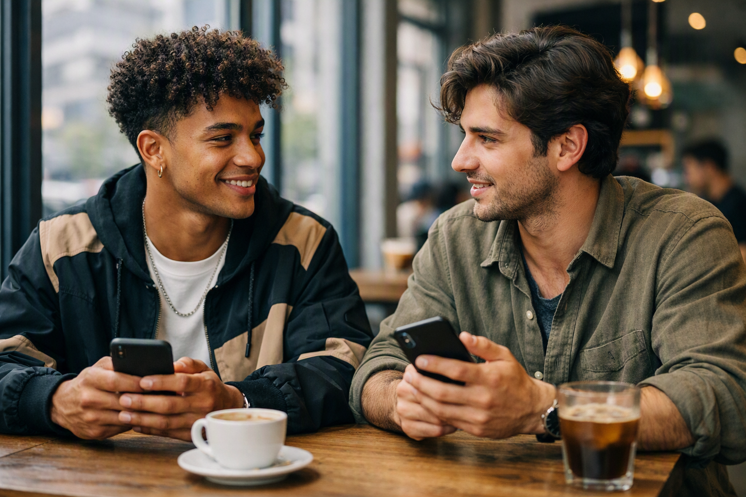 Dois homens jovens conversando em ambiente urbano casual com smartphones
