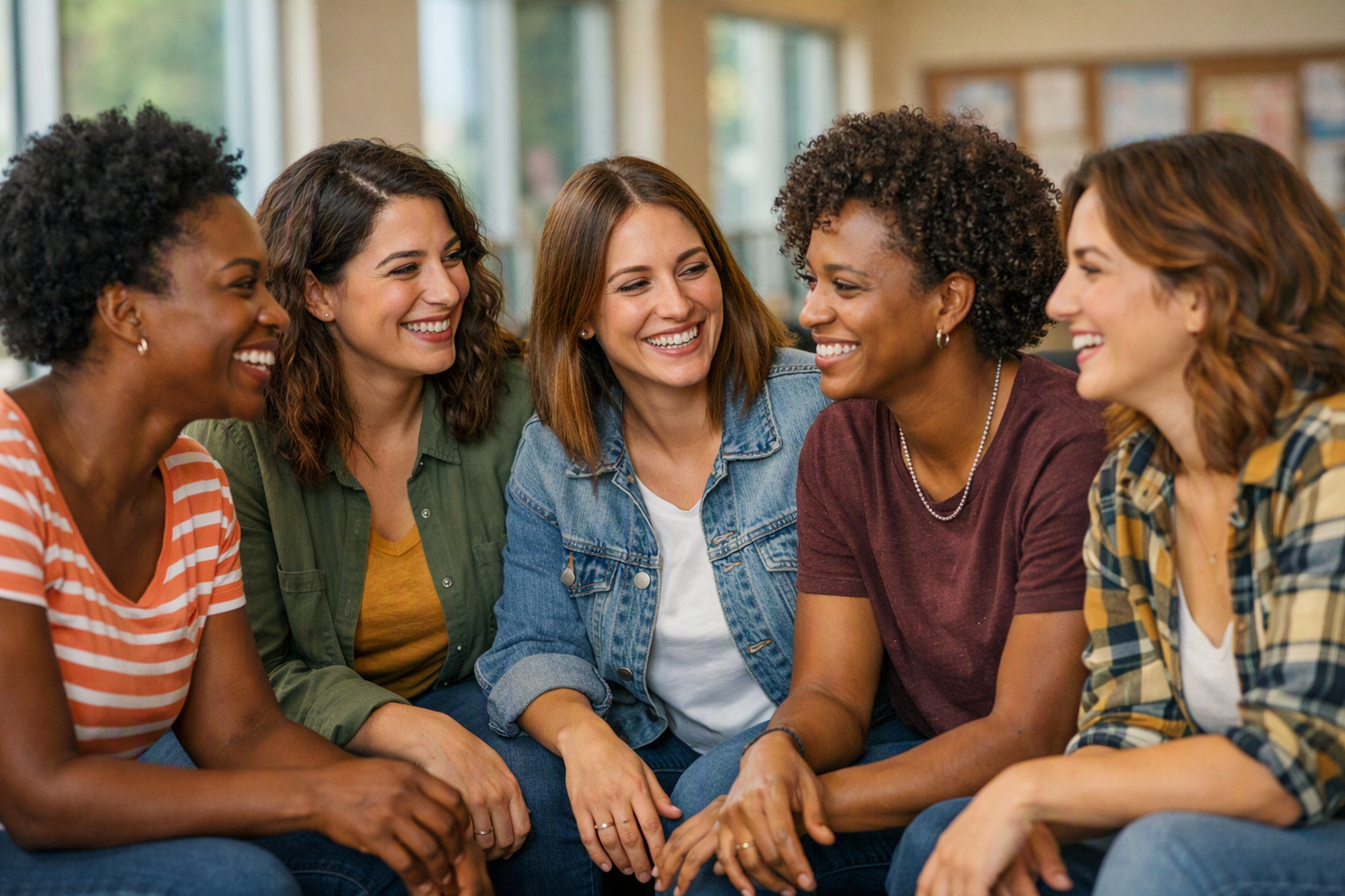 Grupo diverso de pessoas LGBTQI+ conversando em ambiente descontraído com luz natural