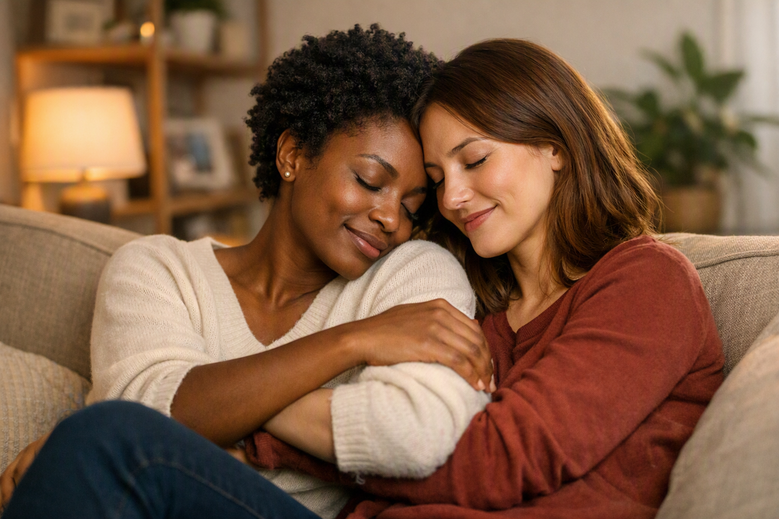 Casal de orientações diversas em momento de afeto não-sexual em casa aconchegante