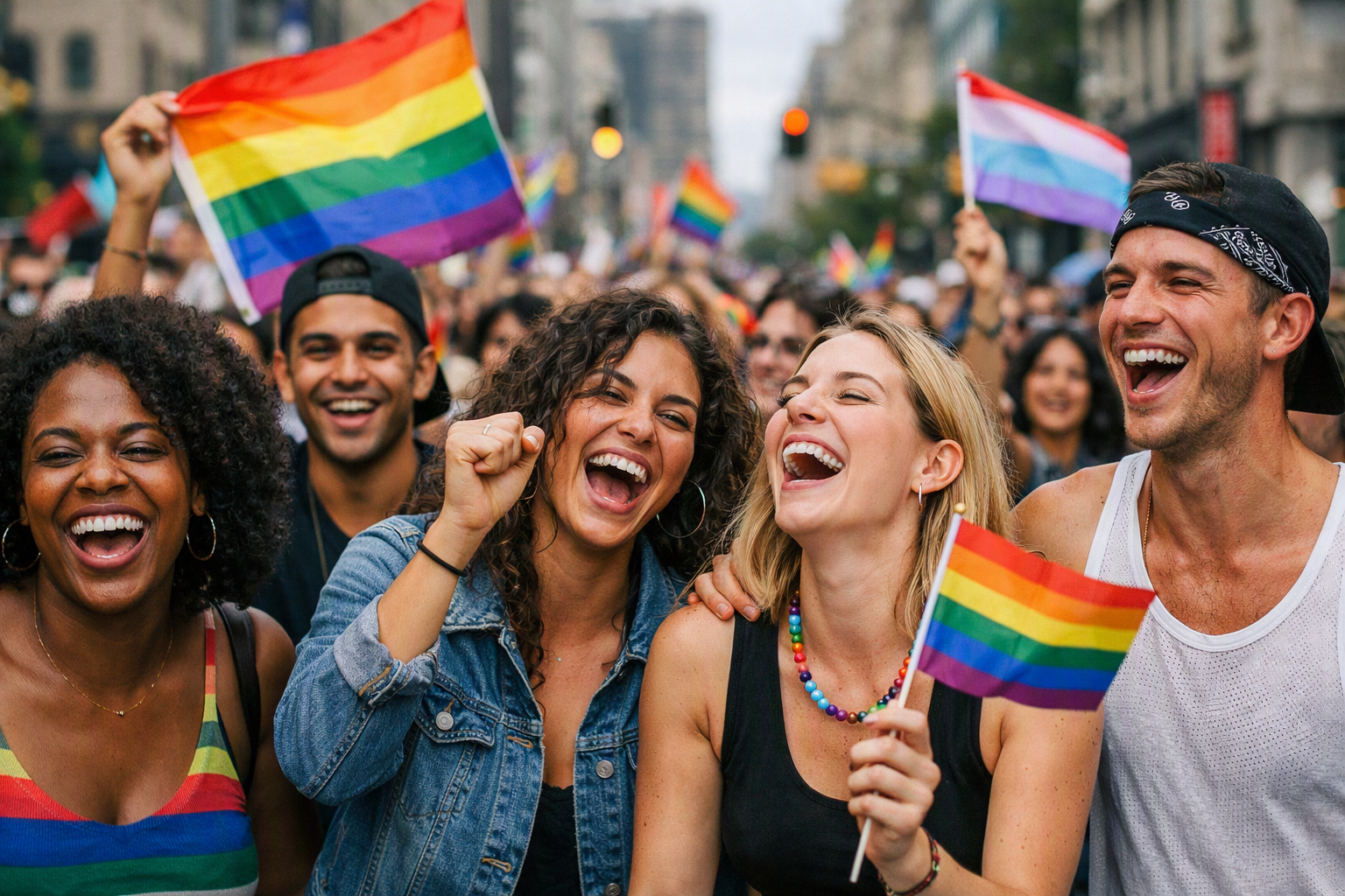 Manifestação de orgulho LGBTQI+ com pessoas de todas as orientações e bandeiras diversas