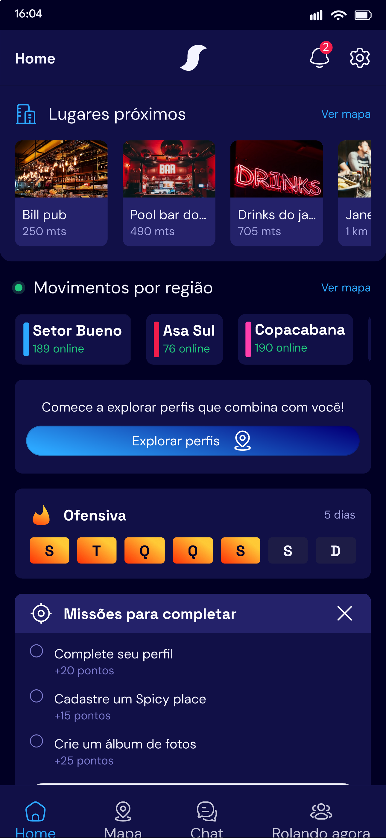 Lugares na Home do protótipo Snarf 2.0