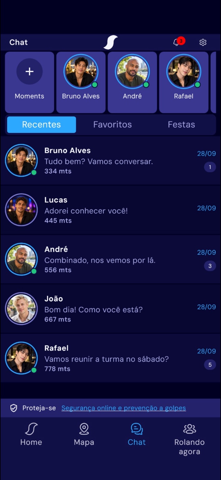 Chat e Moments do protótipo Snarf 2.0
