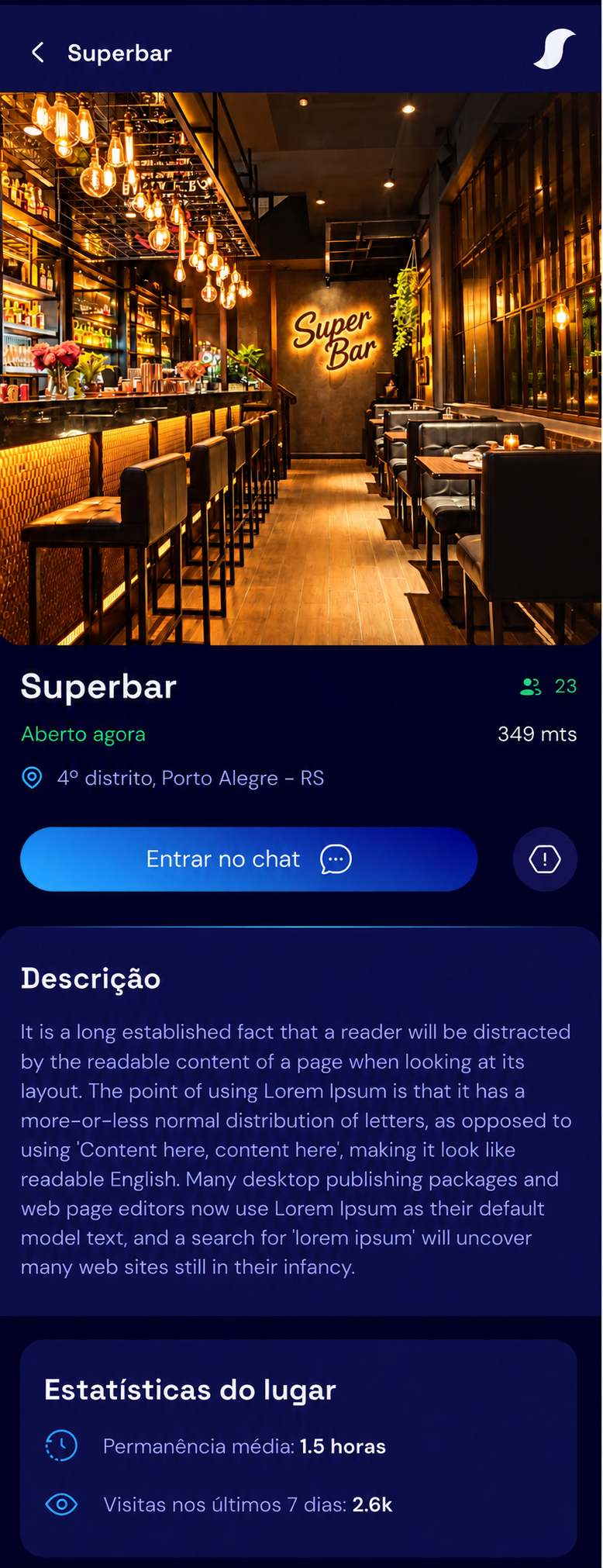Superbar no Snarf: foto do bar, aberto agora e botão Entrar no chat